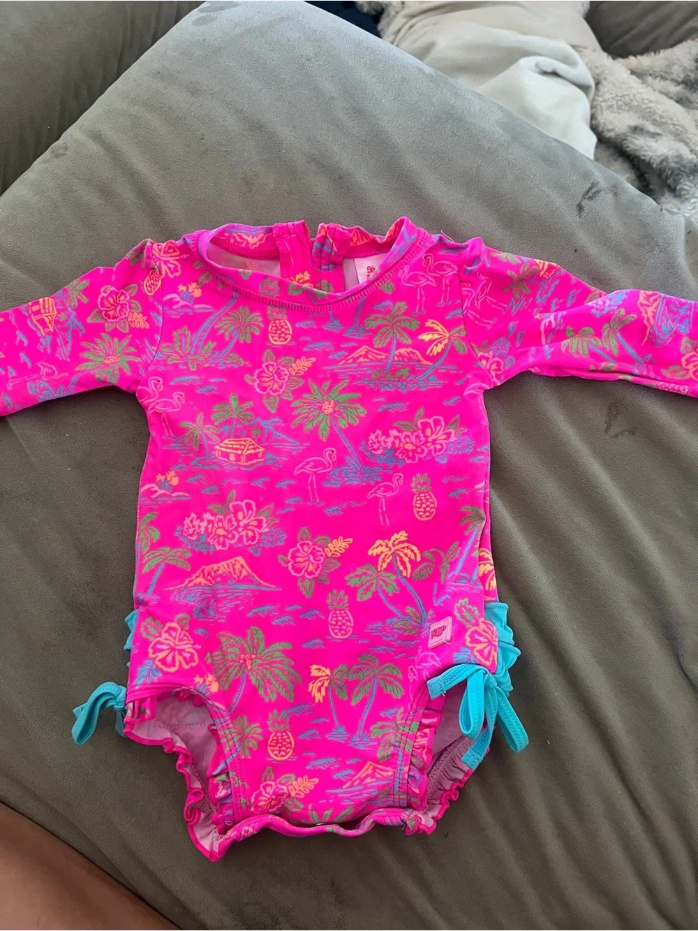 Ruffle Butts Bright Pink Tropical Print Kids Rashguard